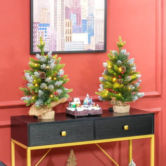 Buy Set of Two 2ft Christmas Trees, with Lights, Berries and Pinecones, 2 image