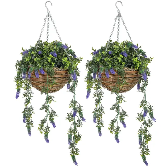 Buy Set of 2 Decorative Artificial Plants, Faux Silk Lavender Flowers in Hanging Baskets, Fake Plants for Home Indoor Outdoor Decor, Purple