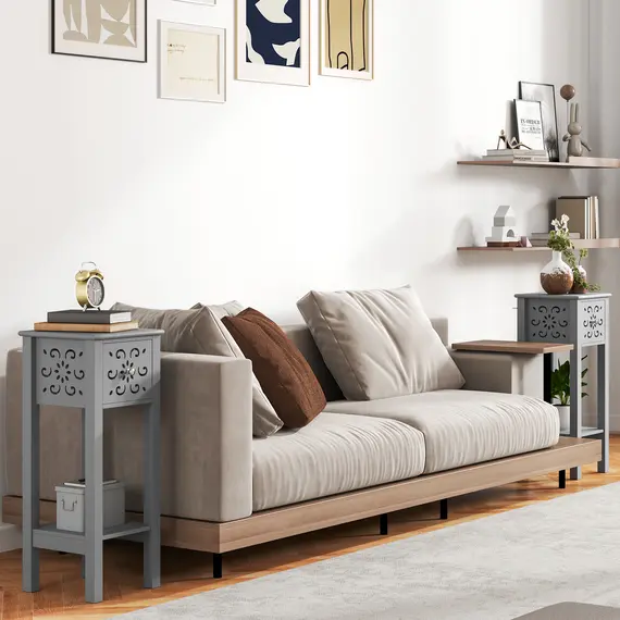Buy Set of Two Elegant Floral Cut-Out Side Tables - Grey, 2 image
