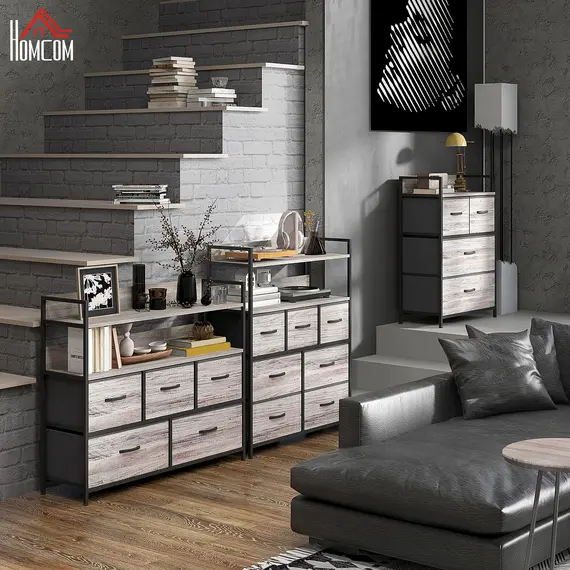 Buy Rustic Chest of Five Fabric Drawers - Grey Wood Effect, 8 image