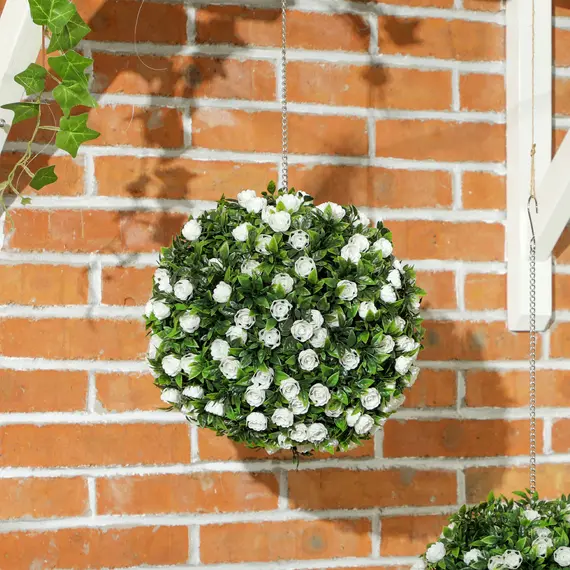 Buy Set of 2 Decorative Artificial Plants, UV-protected Artificial Plant Topiary Rose Balls, Fake Plants for Home Indoor outdoor Decor, 28cm, White, 8 image