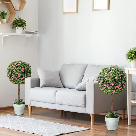 Buy Set of 2 Decorative Artificial Plants, Ball Topiary Tree with Rose Flower in Pot, Fake Plants for Home Indoor Outdoor Decor, 60cm, Pink, 6 image