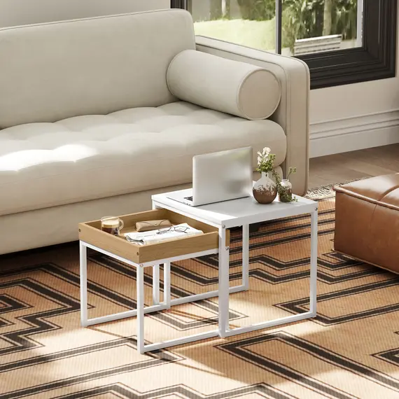 Buy Set of Two Boxy Nesting Tables - White/Wood-Effect, 6 image