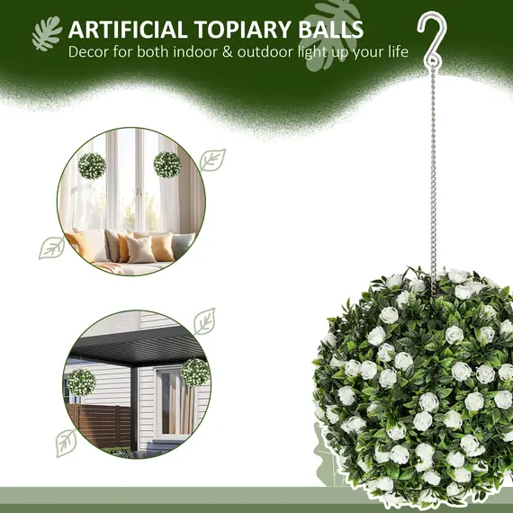 Buy Set of 2 Decorative Artificial Plants, UV-protected Artificial Plant Topiary Rose Balls, Fake Plants for Home Indoor outdoor Decor, 28cm, White, 4 image