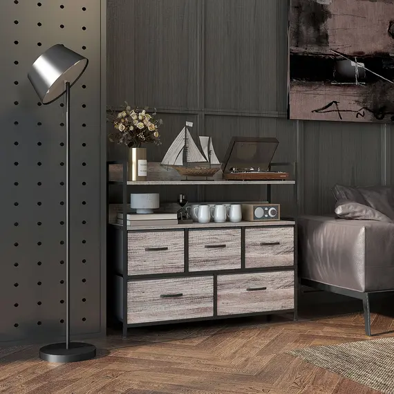 Buy Rustic Chest of Five Fabric Drawers - Grey Wood Effect, 2 image