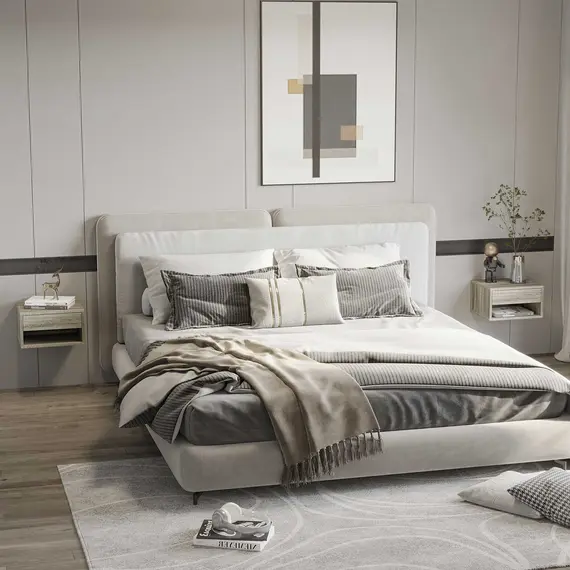 Buy Set of Two Floating Bedside Tables Wall Mounted Nightstands with Drawer and Shelf for Bedroom, Brown Wood-Effect, 2 image