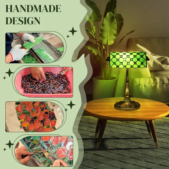 Buy Stained Glass Table Lamp, Vintage Lamp with Green Handmade Shade, Metal Base, Antique Bedside Lamp for Bedroom Living Room Home Decoration, 4 image
