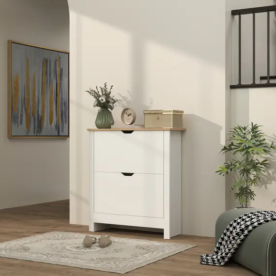 Buy Slim Shoe Cabinet, Narrow Shoe Cupboard with 2 Flip Drawers, Adjustable Shelves for 12 Pairs of Shoes, High Gloss White, 2 image