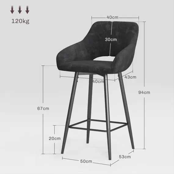 Buy Set of Two Velvet-Feel Bar Stools - Grey, 3 image