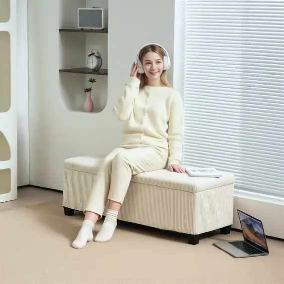 Buy Storage Ottoman Bench, Corduroy Footstool with Removable Lid and Legs, 112cm Storage Chest Box for Living Room, Bedroom, Hallway, Beige, 2 image