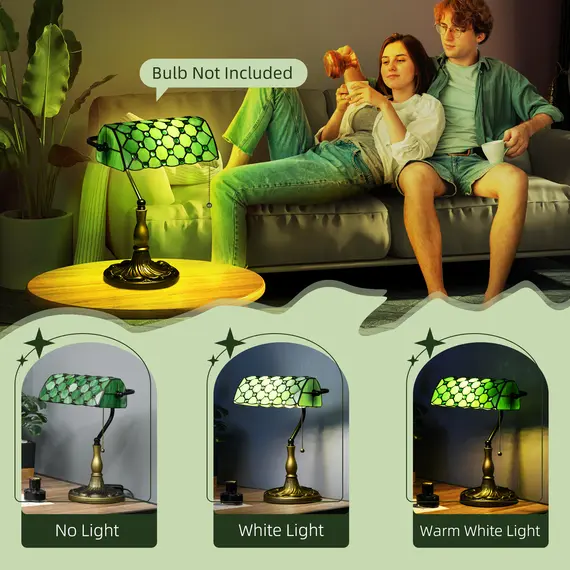 Buy Stained Glass Table Lamp, Vintage Lamp with Green Handmade Shade, Metal Base, Antique Bedside Lamp for Bedroom Living Room Home Decoration, 5 image