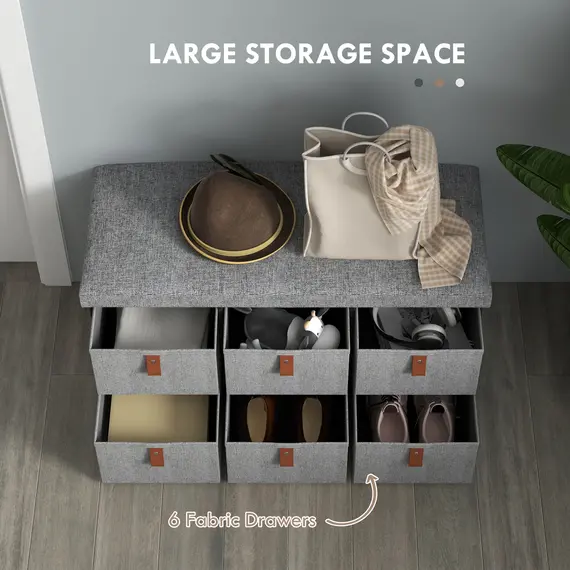 Buy Shoe Bench with Seat, Shoe Storage Bench with Cushion and 6 Fabric Drawers for Entryway, Hallway, Living Room, Bedroom, Light Grey, 5 image