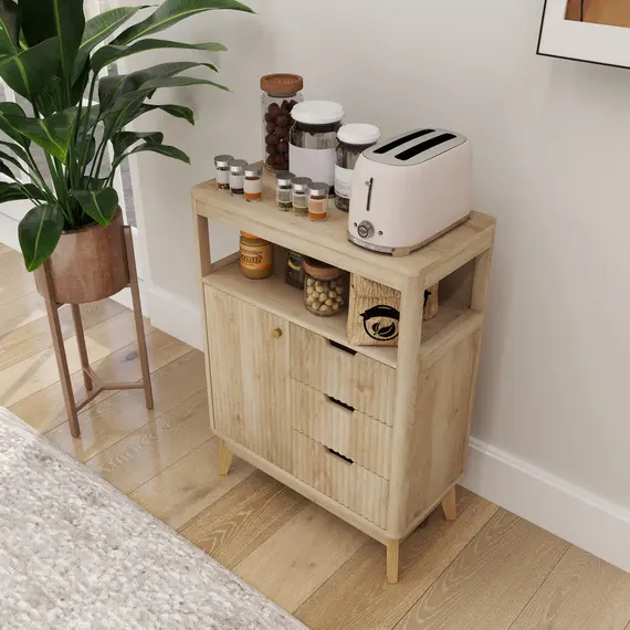 Buy Small Sideboard with Drawers and Adjustable Shelf - Nature Wood Finish, 9 image