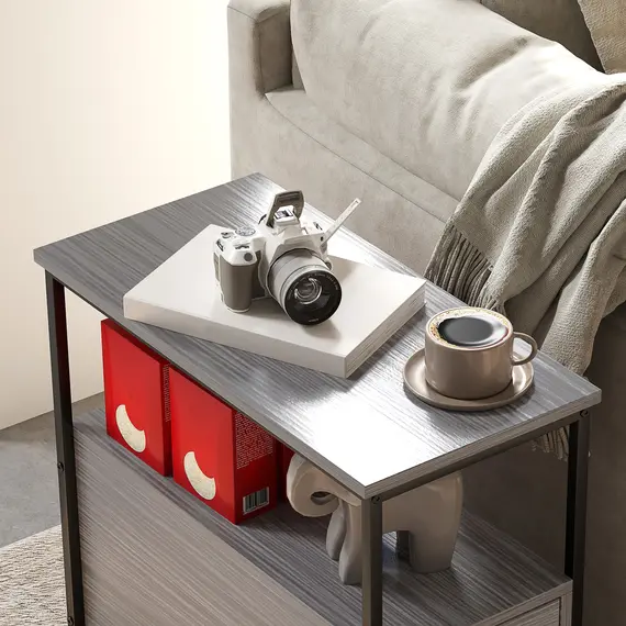 Buy Side Table, Narrow Bedside Table with 2 Drawers and Storage Shelf, Industrial End Table with Metal Frame for Small Spaces, Grey Wood Grain, 8 image