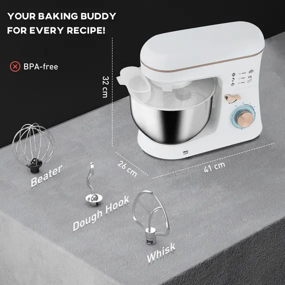 Buy Stand Mixer, 5L Food Mixer for Baking, 6 Speeds and Pulse Setting, 1400W Cake Electric Kitchen Mixer with Dough Hook, Whisk, Stainless Steel Bowl, Splash Guard, Beater, White, 3 image