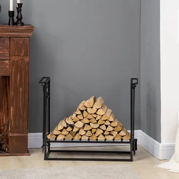Buy Steel Firewood Log Holder Indoor Outdoor Firewood Rack Fireplace Wood Storage Shelf with 4 Tools, Hooks, Scrolls, Rust-Resistant, Black, 75L x 30W x 60H cm, 7 image