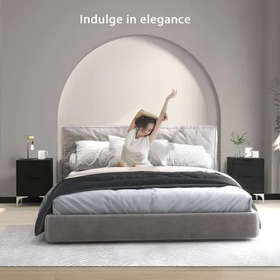 Buy Set of Two Wood Effect Bedside Tables with Silver Tone Steel Base, Black, 4 image