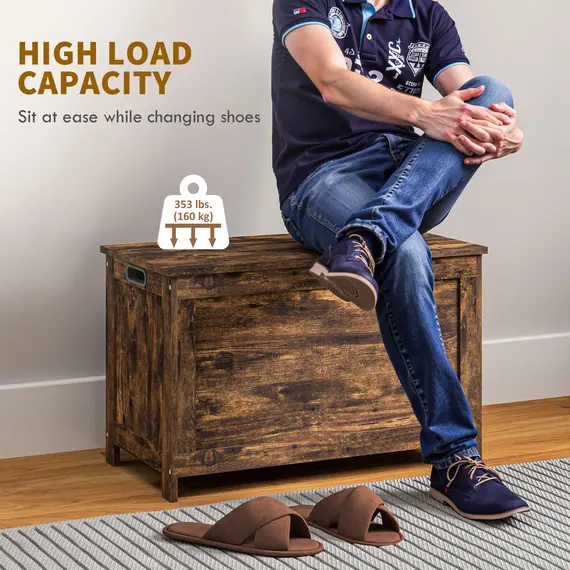 Buy Storage Chest, Modern Storage Trunk with 2 Safety Hinges and Cut-out Handles, Wooden Toy Box for Living Room, Entryway, 76 x 40 x 48 cm, Rustic Brown, 7 image