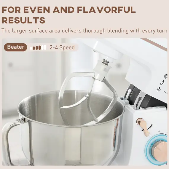 Buy Stand Mixer, 5L Food Mixer for Baking, 6 Speeds and Pulse Setting, 1400W Cake Electric Kitchen Mixer with Dough Hook, Whisk, Stainless Steel Bowl, Splash Guard, Beater, White, 6 image