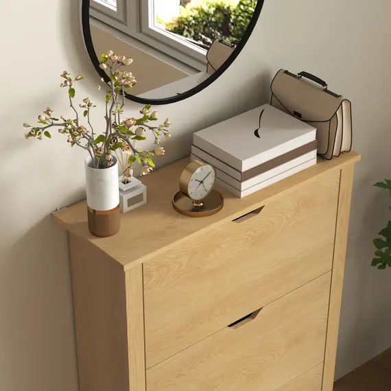 Buy Slim Shoe Cabinet, Narrow Shoe Cupboard with 3 Drawers, Adjustable Shelves for 18 Pairs of Shoes, Natural Wood Finish, 8 image
