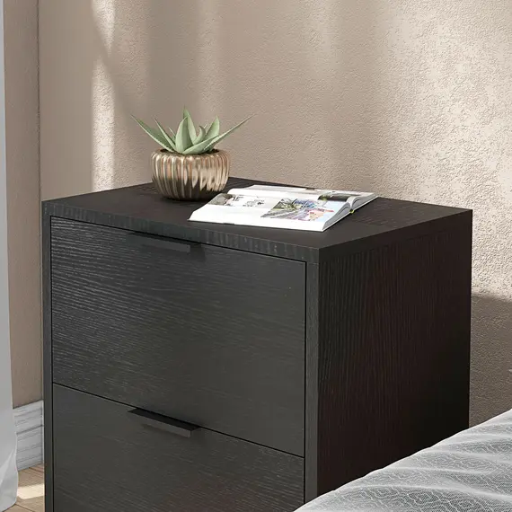 Buy Set of Two Wood Effect Bedside Tables with Silver Tone Steel Base, Black, 9 image