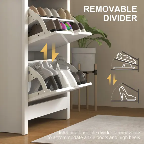 Buy Slim Shoe Cabinet, Narrow Shoe Cupboard with 2 Flip Drawers, Adjustable Shelves for 12 Pairs of Shoes, High Gloss White, 6 image