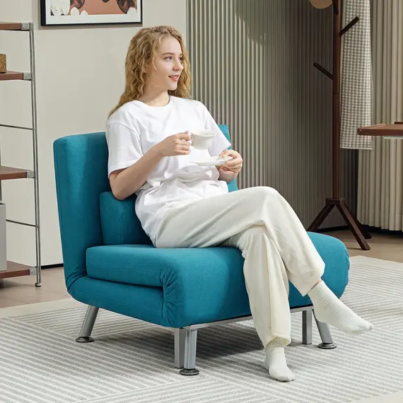 Buy Single Linen-Feel Sleeper Chair - Dark Blue, 2 image