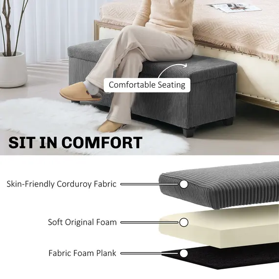 Buy Storage Ottoman Bench, Corduroy Footstool with Removable Lid and Legs, 112cm Storage Chest Box for Living Room, Bedroom, Hallway, Grey, 5 image