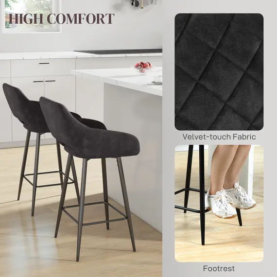 Buy Set of Two Velvet-Feel Bar Stools - Grey, 5 image