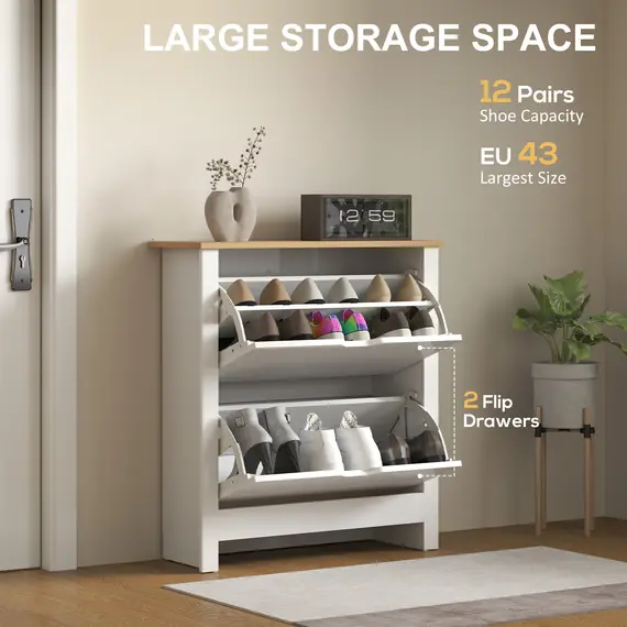Buy Slim Shoe Cabinet, Narrow Shoe Cupboard with 2 Flip Drawers, Adjustable Shelves for 12 Pairs of Shoes, High Gloss White, 4 image