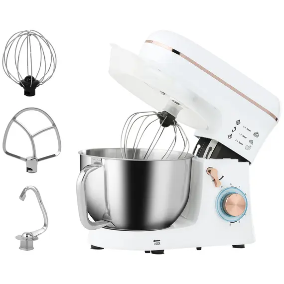Buy Stand Mixer, 5L Food Mixer for Baking, 6 Speeds and Pulse Setting, 1400W Cake Electric Kitchen Mixer with Dough Hook, Whisk, Stainless Steel Bowl, Splash Guard, Beater, White