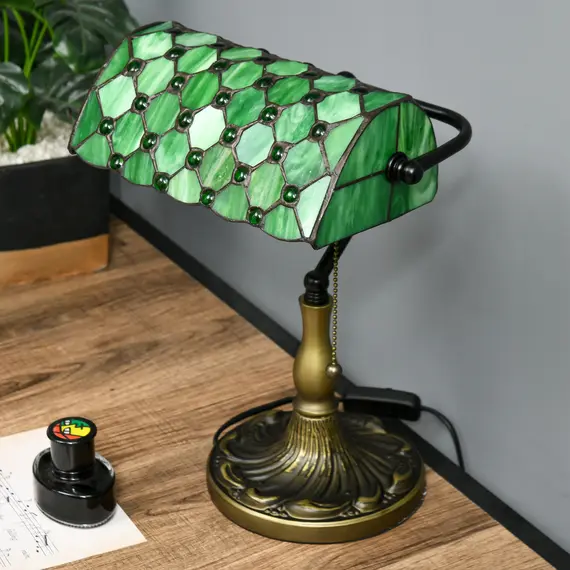 Buy Stained Glass Table Lamp, Vintage Lamp with Green Handmade Shade, Metal Base, Antique Bedside Lamp for Bedroom Living Room Home Decoration, 6 image
