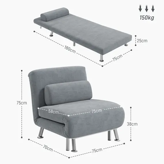 Buy Single Velvet-Feel Sleeper Chair - Grey, 3 image