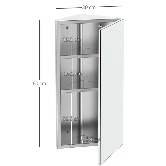 Buy Stainless Steel Wall mounted Bathroom Corner Mirror Storage Cabinet Single Door 300mm (W), 3 image