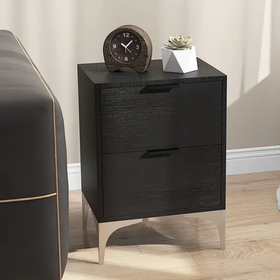 Buy Set of Two Wood Effect Bedside Tables with Silver Tone Steel Base, Black, 8 image