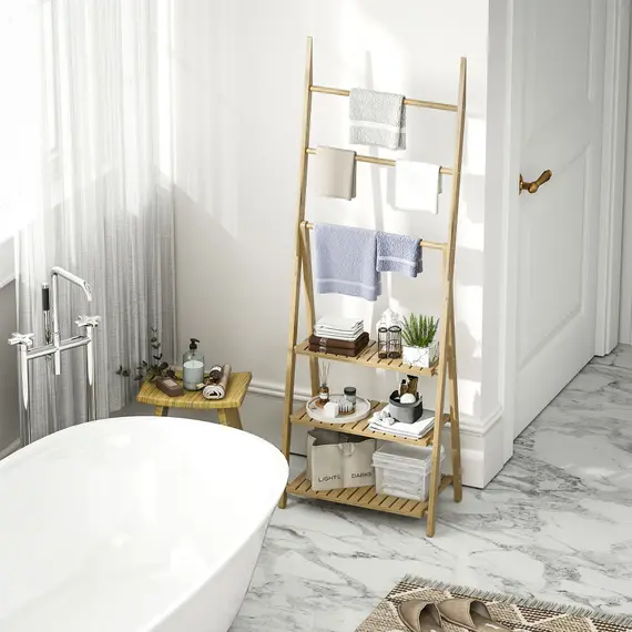Buy Three-Shelf Bamboo Storage Unit, with Towel Racks - Natural Finish, 8 image