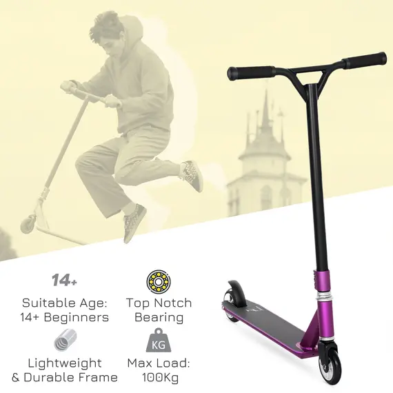 Buy Stunt Scooter, 360° Entry Level Tricks Scooter w/ Lightweight Aluminium Deck and ABEC 7 Bearing, For Age 14+ Beginners, Purple, 4 image