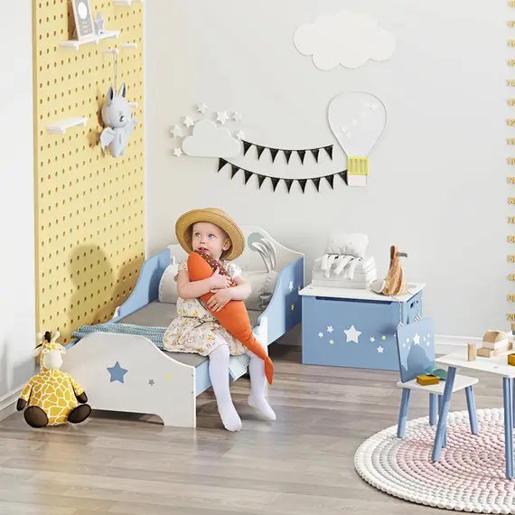 Buy Toddler Bed Frame, Kids Bedroom Furniture for Boys Girls with Safe Guardrails, Low Junior Blue, 2 image
