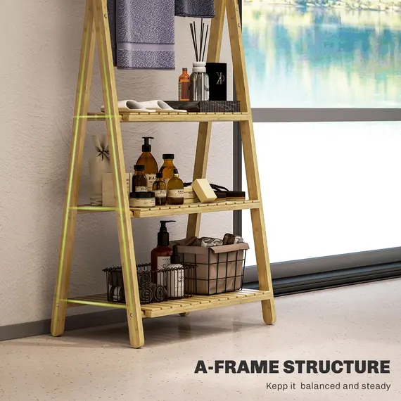 Buy Three-Shelf Bamboo Storage Unit, with Towel Racks - Natural Finish, 7 image