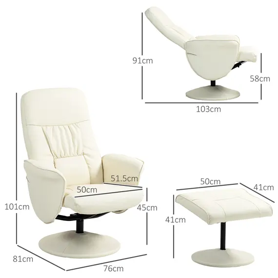Buy Swivel Recliner Chair with Footstool, PU Leather Armchair and Ottoman with High Back and Round Base for Living Room, Cream White, 3 image
