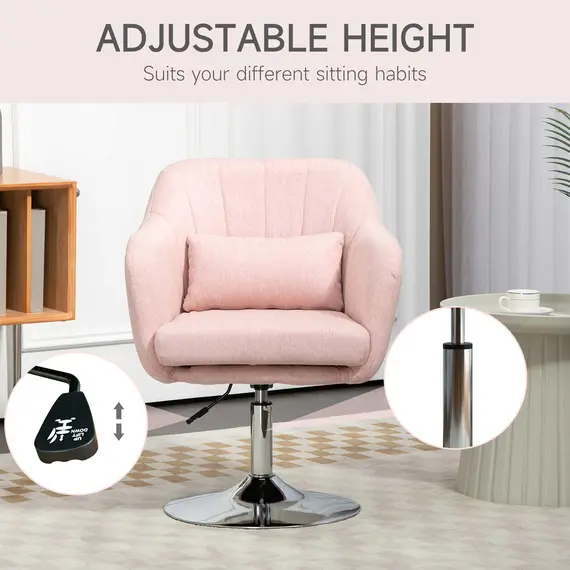 Buy Swivel Linen Fabric Accent Chair for Living Room Contemporary Vanity Armchair with Adjustable Height Thick Cushion Lumbar Support Armrest for Bedroom Office Pink, 4 image