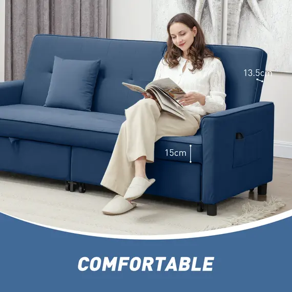 Buy Three-Person Velvet-Feel Sofa Bed - Blue, 7 image