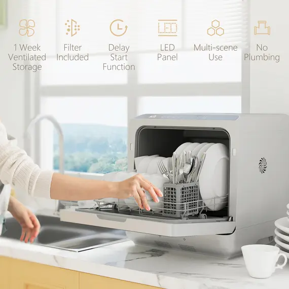 Buy Table Top Dishwasher, Mini Countertop Dishwasher with Built-in 6L Water Tank, 6 Programs, Touch Control, LED Display, 4 Place Settings, Dual Water Supply and Fruit Wash Mode, Silver Tone, 8 image