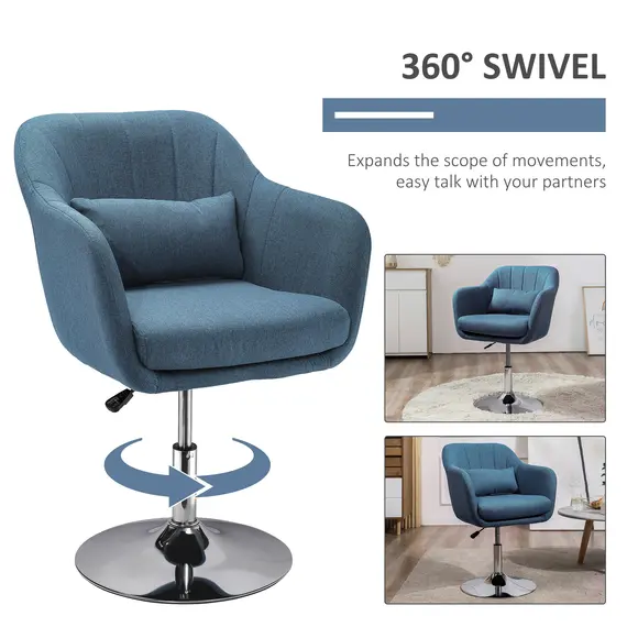 Buy Swivel Linen Fabric Accent Chair for Living Room Contemporary Vanity Armchair with Adjustable Height Thick Cushion Lumbar Support Armrest for Bedroom Office Blue, 5 image