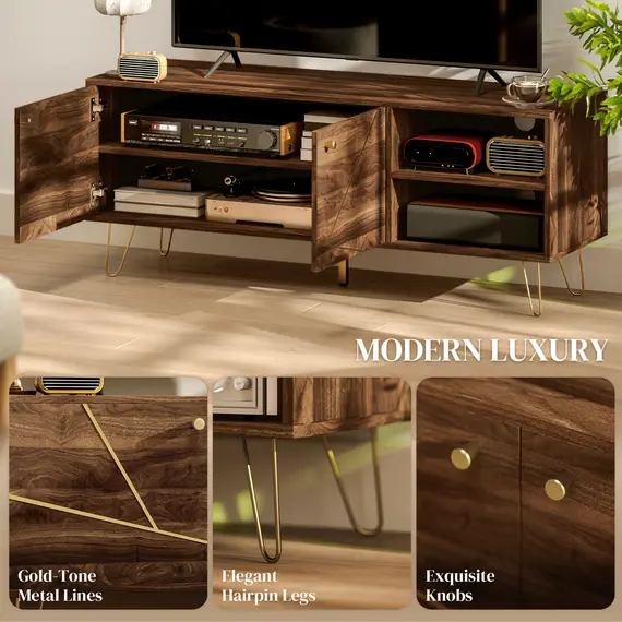 Buy TV Stand Cabinet for up to 60 Inch TV, Modern 130cm TV Unit with Adjustable Shelves and Hairpin Legs, Double Door TV Cabinet for Living Room, Bedroom, Brown, 4 image