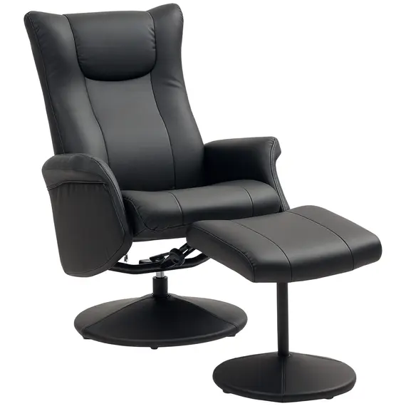 Buy Swivel Recliner Chair with Footstool, PU Leather Recliner Armchair with Adjustable Back and Steel Frame, Reclining Chair Lounge with Flared Armrests for Living Room, Black
