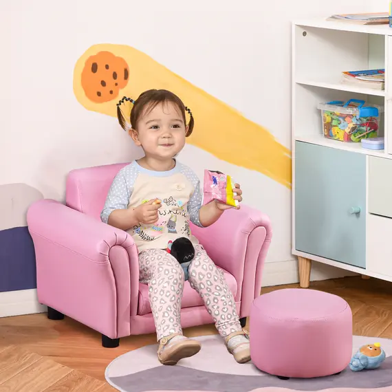 Buy Toddler Chair Single Seater Kids Sofa Set, 54 x 42 x 41cm, Kids Sofa with Stool, Pink, 2 image