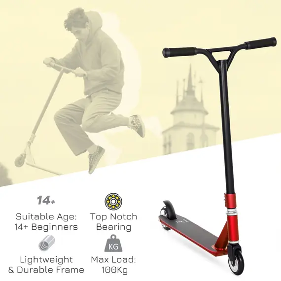 Buy Stunt Scooter, 360° Entry Level Tricks Scooter w/ Lightweight Aluminium Deck and ABEC 7 Bearing, For Age 14+ Beginners, Red, 4 image