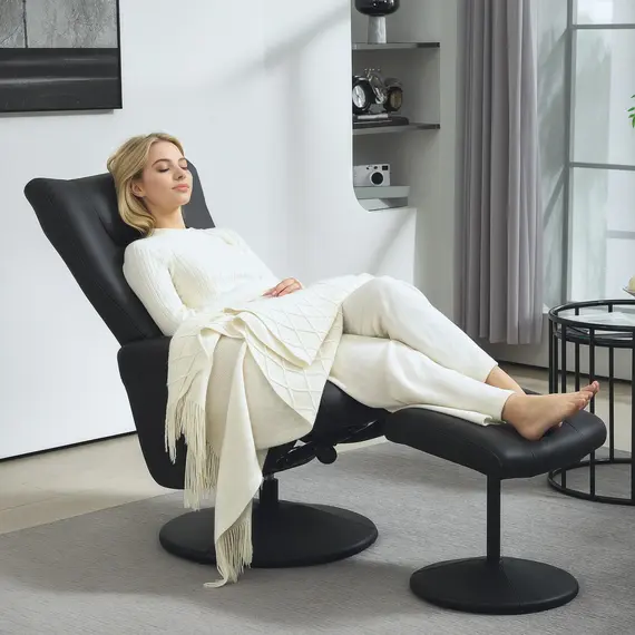 Buy Swivel Recliner Chair with Footstool, PU Leather Recliner Armchair with Adjustable Back and Steel Frame, Reclining Chair Lounge with Flared Armrests for Living Room, Black, 2 image