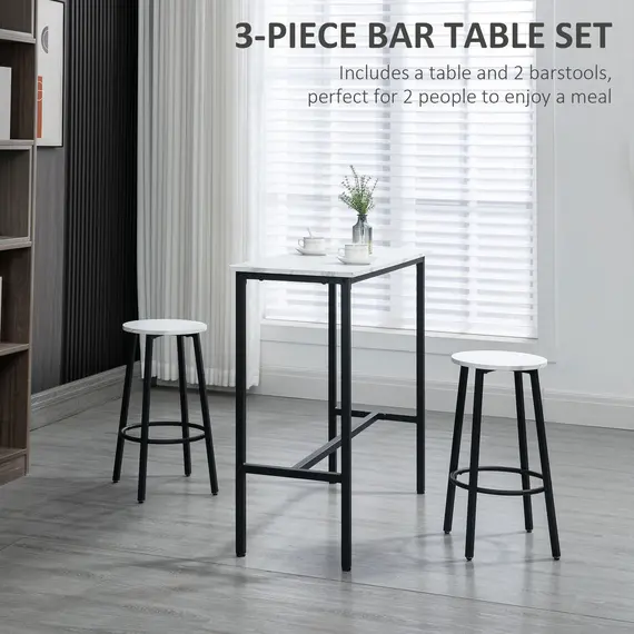 Buy Three-Piece Marble-Effect Bar Table Set - White/Black, 4 image